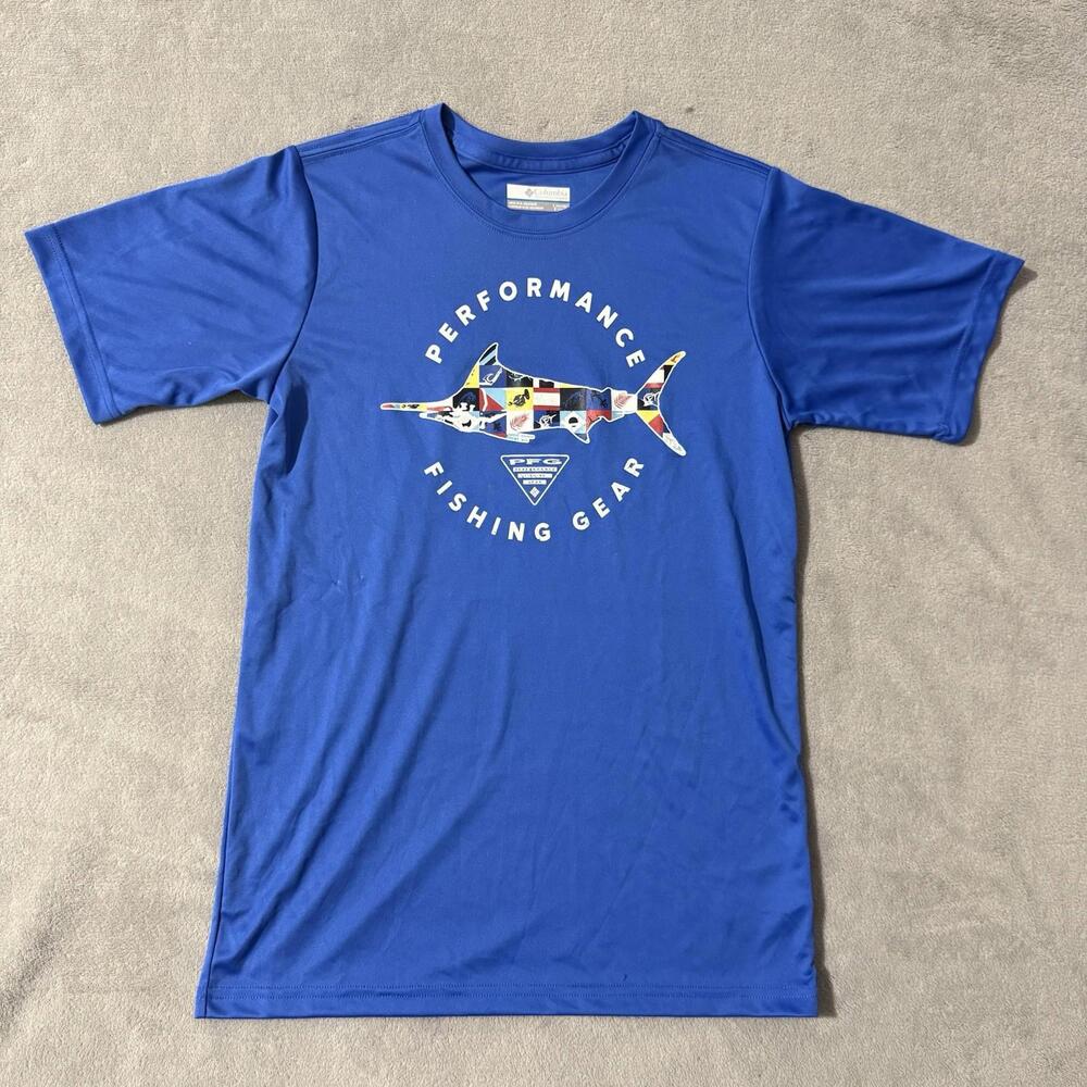 Columbia PFG Boys Fishing Shirt Blue L Short Sleeve Marlin Graphic